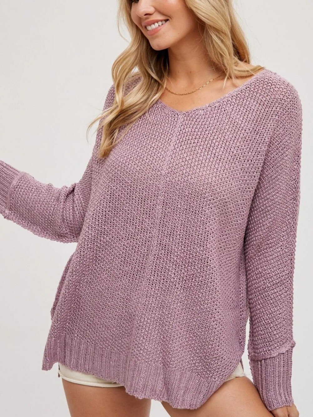 Blush Light Lavender V-Neck Oversized Knit Sweater